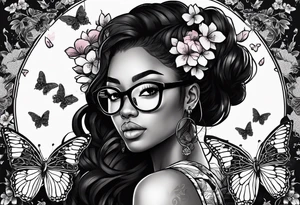 Black dark-skinned Female with glasses with butterflies and sakura blossoms around her with the lettering " Nisha " Underneath lettering "Nisha" Underneath. tattoo idea