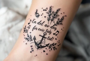 Quote in two rows; En del av deg for evig tid! Pappa, 20.12.24. Surround the quote with long gladioluses, music notes, hearts and an anchor tattoo idea