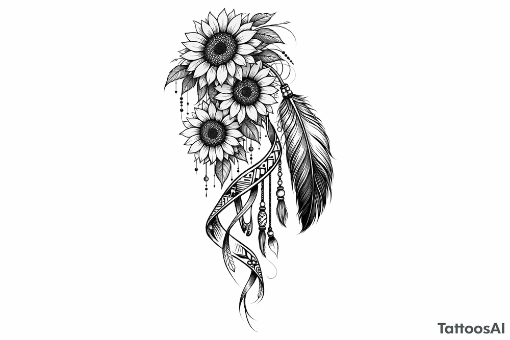 Cascading Sunflowers with Indian feather and Indian ribbon tattoo idea