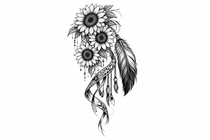 Cascading Sunflowers with Indian feather and Indian ribbon tattoo idea