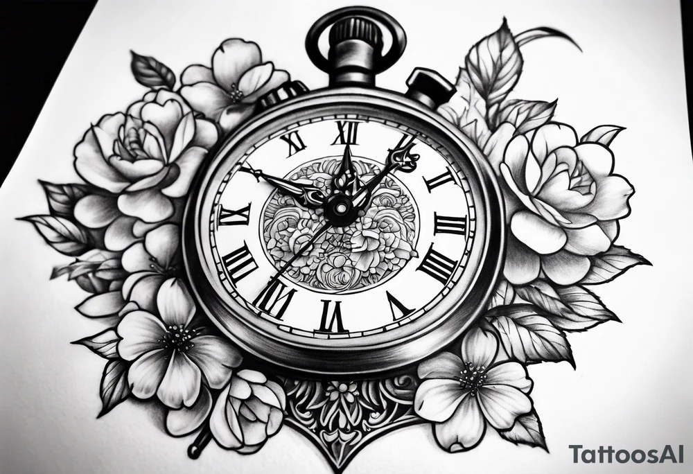 Stopwatch, sword and cherry bloom tattoo idea