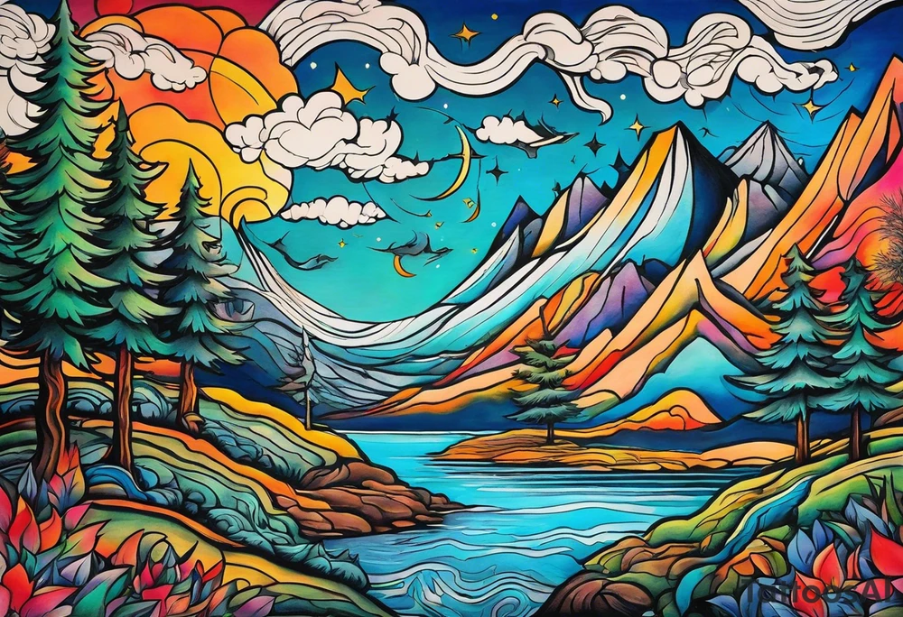 Landscape tattoo on the front neck that's appear to be ejecting from the skin, symbolizing the freedom from censorship. tattoo idea