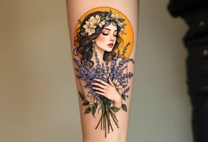 Alfons Mucha’s art nouveau muse holding a bouquet of lavender and cream flowers, set against a warm amber background. tattoo idea
