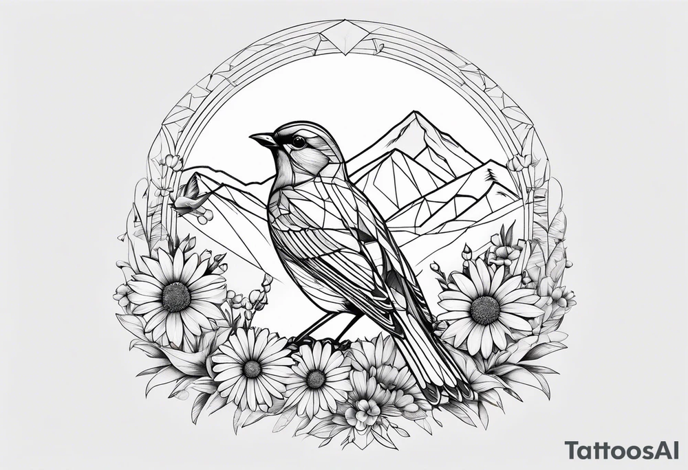 Geometric small bird outline sitting in grass and daisys with mountains in the background tattoo idea