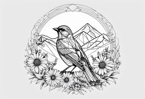 Geometric small bird outline sitting in grass and daisys with mountains in the background tattoo idea