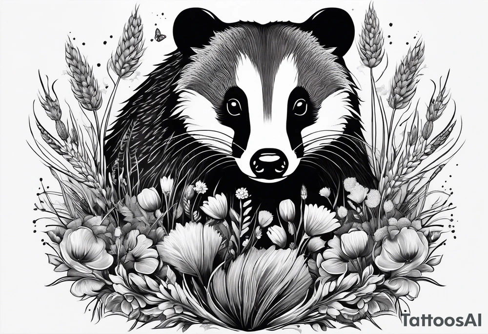 A trippy black and white tattoo of a badger, flowers, a field of wheat, forest and fractals tattoo idea