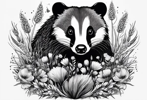A trippy black and white tattoo of a badger, flowers, a field of wheat, forest and fractals tattoo idea