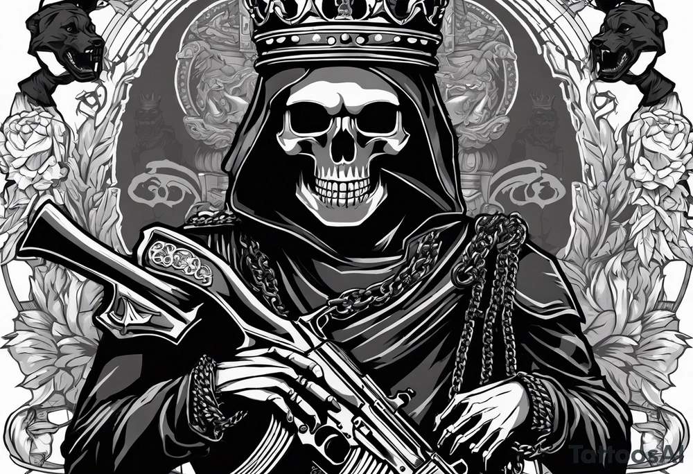 image of a skeleton standing frontally with a crown on his head, holding an AK-47 on his shoulder with his right hand. The chain on the left should be taut, there are three angry barking Dobermans in it, near the waist tattoo idea