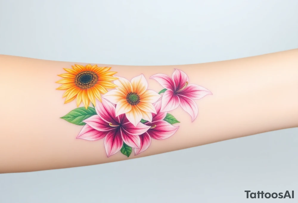 Sunflowers and stargazer lillies in pink and white in a dainty wildflower bouquet tattoo idea