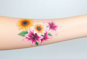 Sunflowers and stargazer lillies in pink and white in a dainty wildflower bouquet tattoo idea