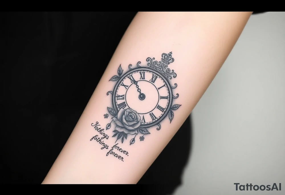 Roman clock with roses and a crown, a quote that says nothings forever. and on the bottom a deck of cards tattoo idea