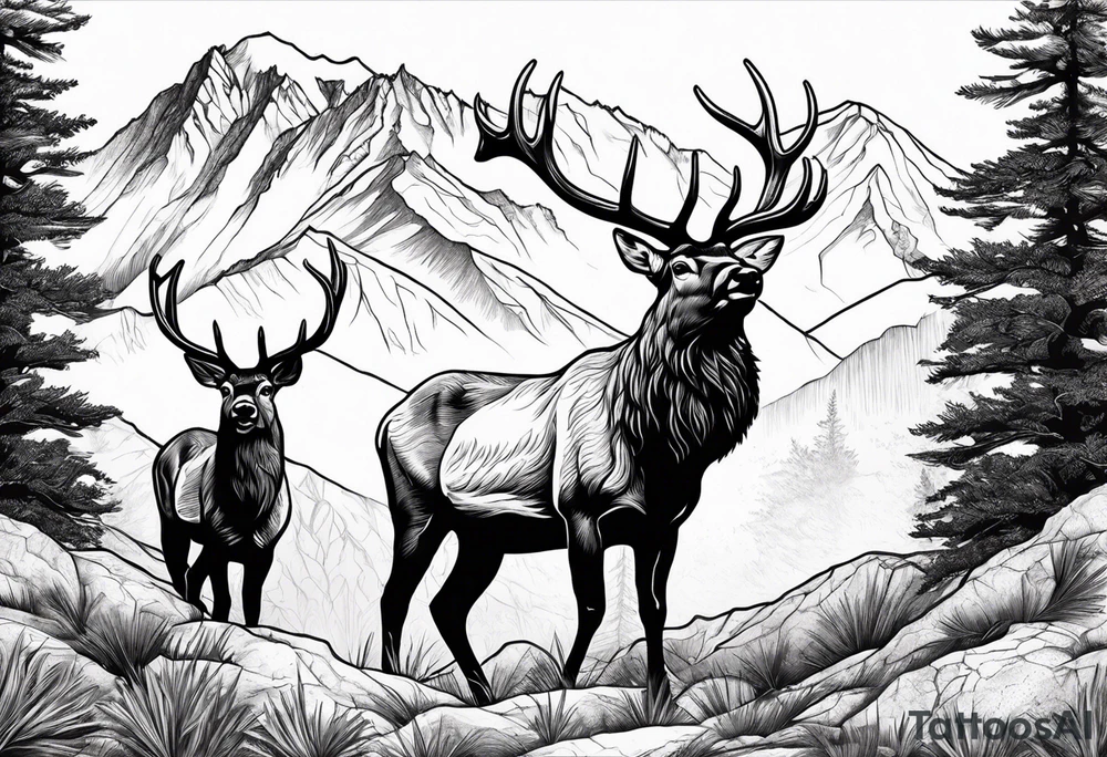 male and female elk with mountain landscape in the background tattoo idea