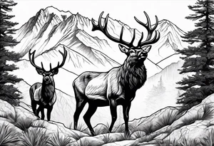male and female elk with mountain landscape in the background tattoo idea