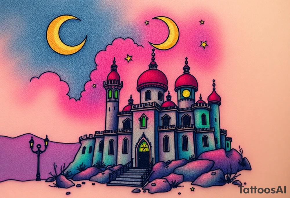 Tim Burton’s haunted Arabian castle is abandoned and dripping with muted reds, dusty pinks, and eerie green glow.purple and cyan smokey clouds swirl in the crescent moonlit sky thats sprinkled with stars tattoo idea tattoo idea