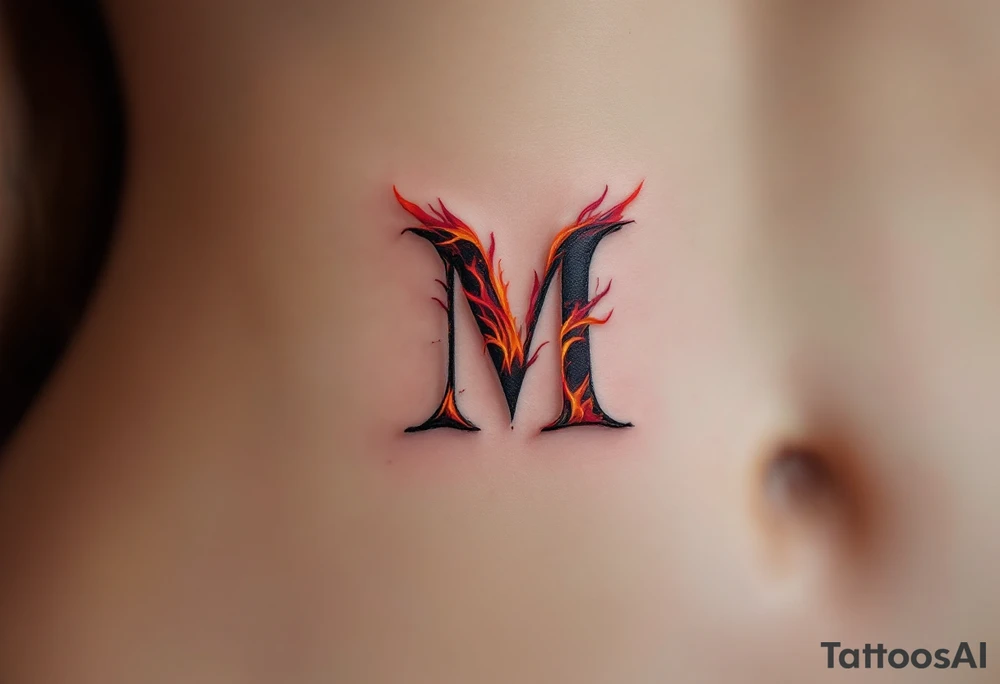 A fiery "M" with flickering strokes of crimson red, orange, and ash gray. tattoo idea