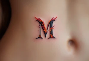 A fiery "M" with flickering strokes of crimson red, orange, and ash gray. tattoo idea