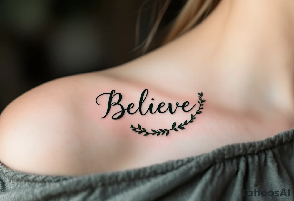 “Believe” in deep green calligraphy, encircled by a vine wreath in olive and forest tones. tattoo idea