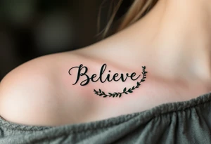 “Believe” in deep green calligraphy, encircled by a vine wreath in olive and forest tones. tattoo idea