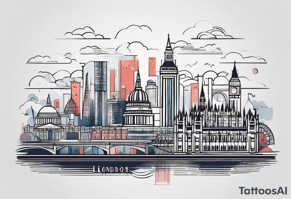 A minimalistic, abstract design capturing the architectural essence and vibe of London. Key elements of London’s skyline and structure are hinted at with clean lines, and subtle detailing includes personal touches, like a nod to Feid’s signature look (hat, glasses, mustache), integrated discreetly to honor a memorable concert experience. tattoo idea