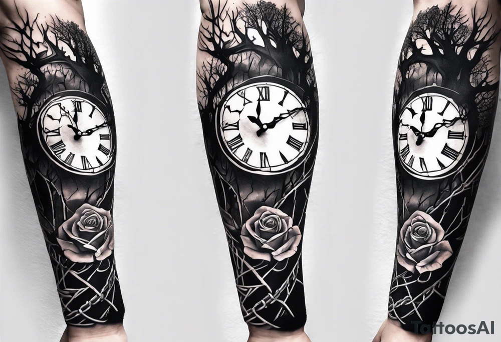 tattoo sleeve, tree roots break out of the chains at the bottom of the hand, Symbolizing loss, an image of a broken mask, Clock with flying numbers, girl, skull, roses tattoo idea