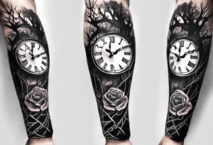 tattoo sleeve, tree roots break out of the chains at the bottom of the hand, Symbolizing loss, an image of a broken mask, Clock with flying numbers, girl, skull, roses tattoo idea