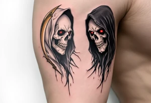 A twin Reaper design, one in all-white with a golden scythe and the other in all-black with red eyes. tattoo idea
