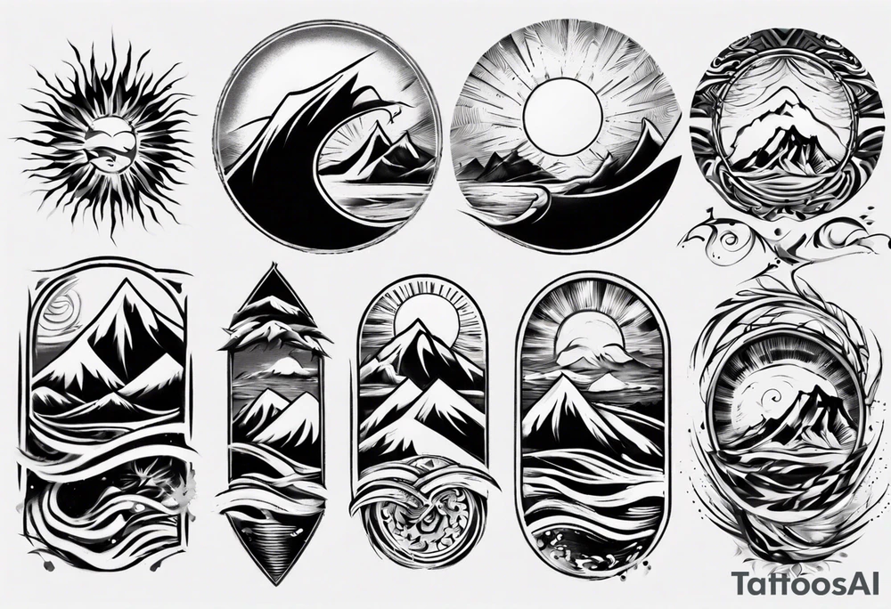 sleeve, mountains, waves, sun tattoo idea