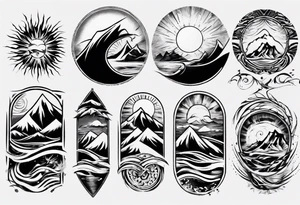 sleeve, mountains, waves, sun tattoo idea