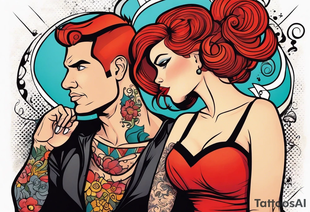 Busty Red haired woman with black haired man tattoo idea