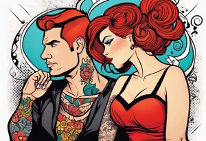 Busty Red haired woman with black haired man tattoo idea