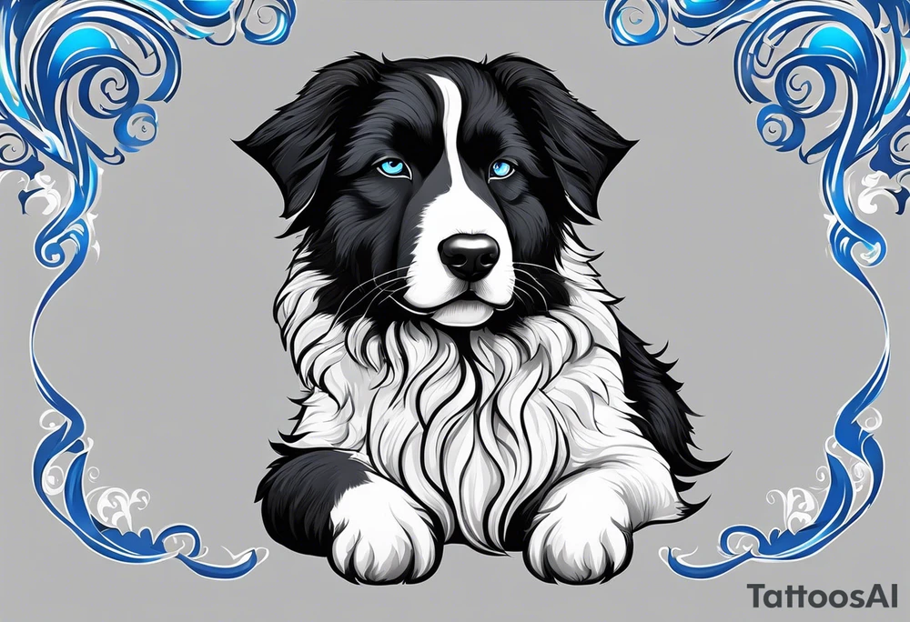 Sheepdog all black short hair with white nose one eye open one eye closed . Muay Thai symbol behind him with a pair of blue cat eyes at the botttom and lots of elegant swirls around tattoo idea