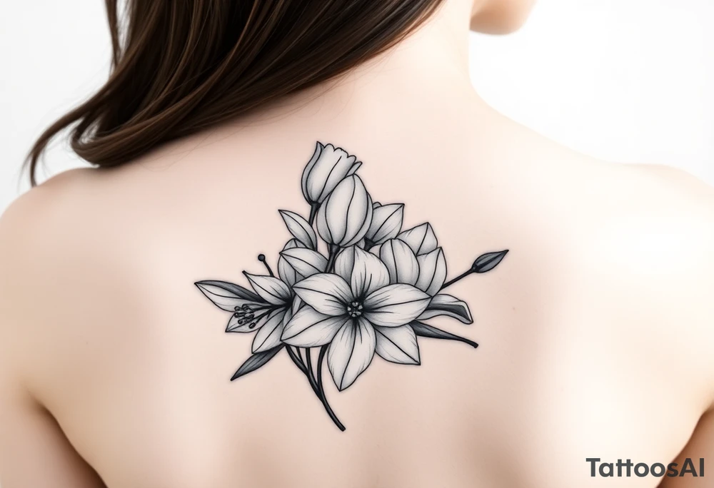 tulips, lily and daffodil clustered together tattoo idea