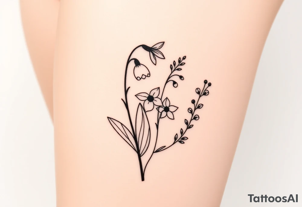 Simple small design in black bunch of flowers individual stems 1 lily of the valley 1 daffodil 1 December holly bush 1 larkspur tattoo idea