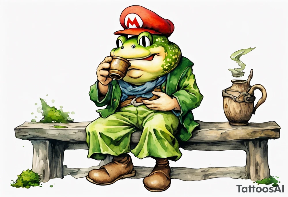 Toad from super mario with a long moss beard wearing a medieval tunic drinking from a wood cup, sitting on a bench laughing tattoo idea