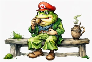 Toad from super mario with a long moss beard wearing a medieval tunic drinking from a wood cup, sitting on a bench laughing tattoo idea