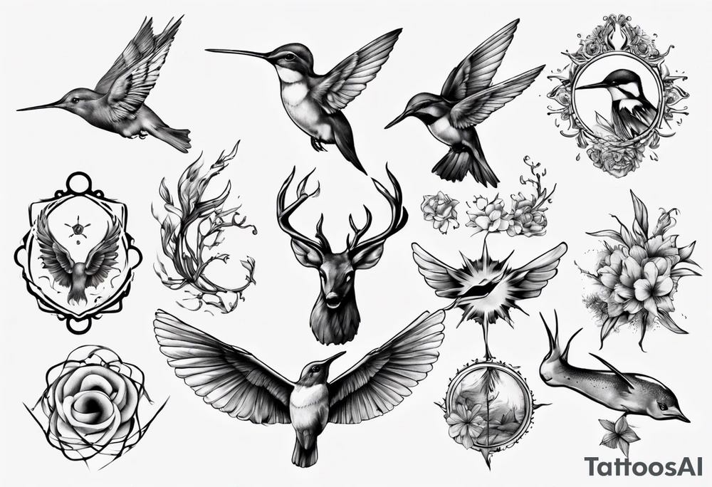 Wasser, Nymphe, Fisch, Hirsch, Wald, Waffe, Sonne, Kolibri tattoo idea