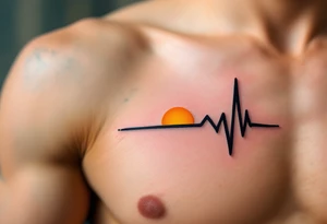 A bold black EKG line running through the ribcage with a bright yellow sun rising from its peak. tattoo idea