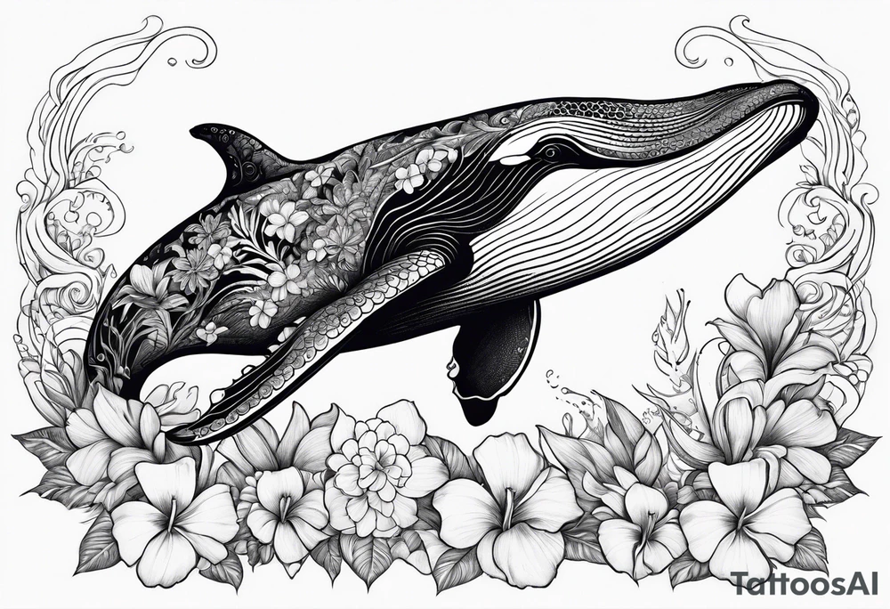 humpback whale Hawaiian flowers tattoo idea