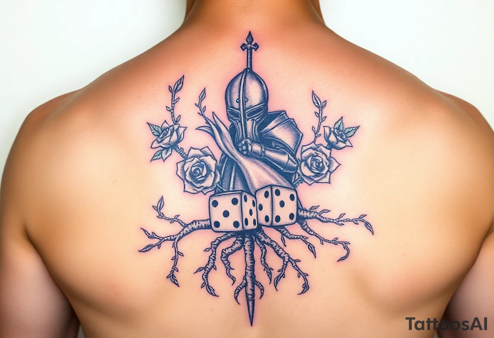 squid, knight intertwined with roses and tree roots rolling dice tattoo idea