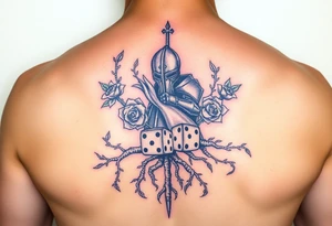 squid, knight intertwined with roses and tree roots rolling dice tattoo idea