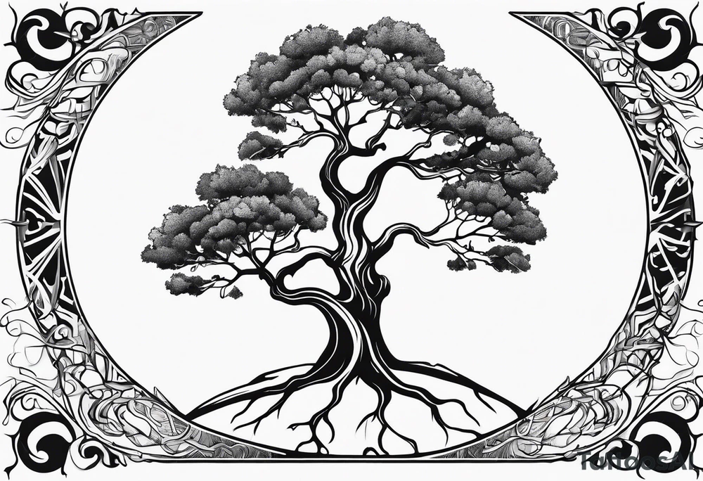 One line tattoo of oak tree with little gift at the bottom tattoo idea