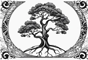 One line tattoo of oak tree with little gift at the bottom tattoo idea