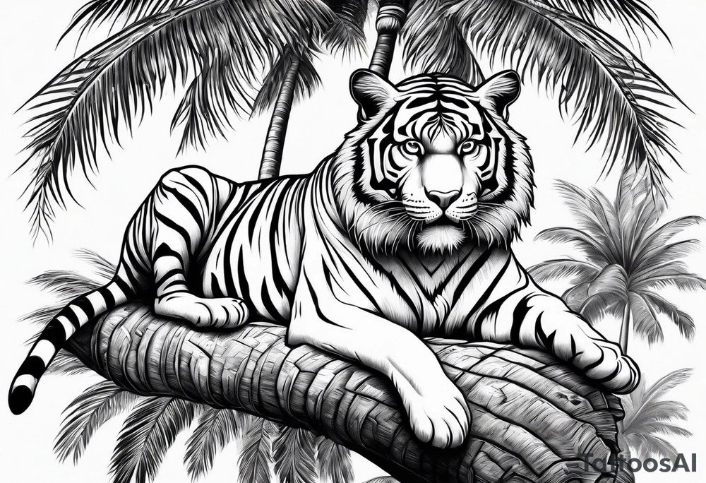 tiger laying on palm tree tattoo idea