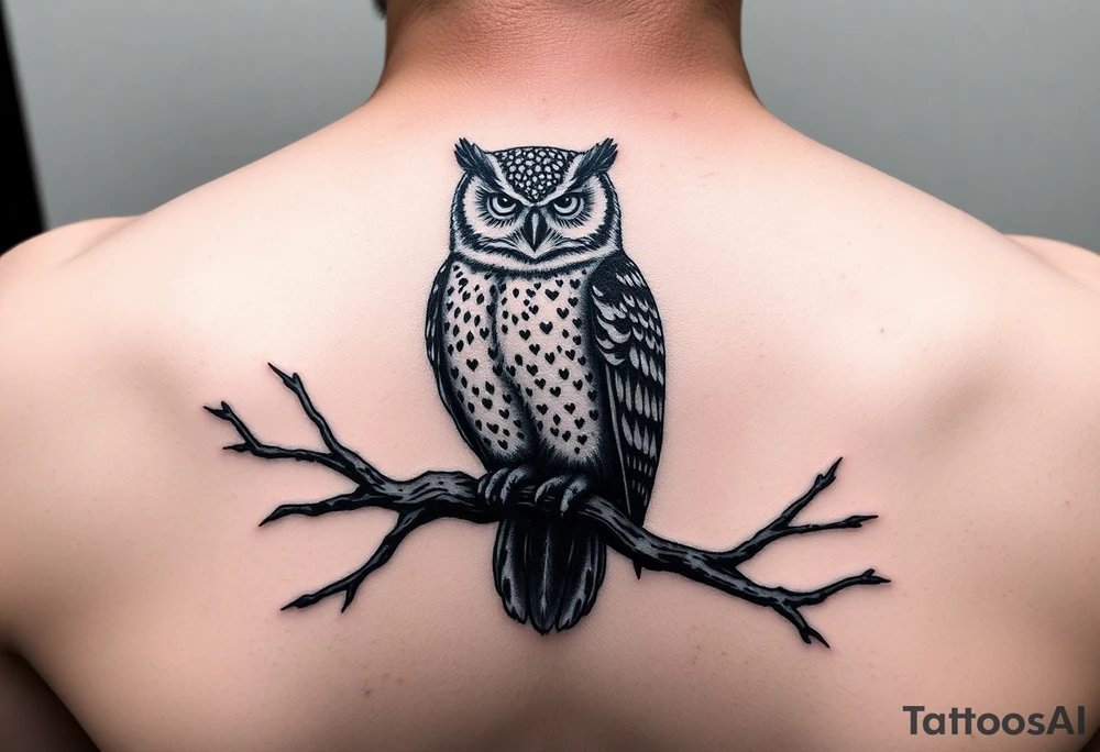 wise owl perched on ancient oak branch under starlit sky tattoo idea