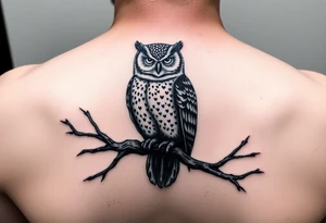 wise owl perched on ancient oak branch under starlit sky tattoo idea