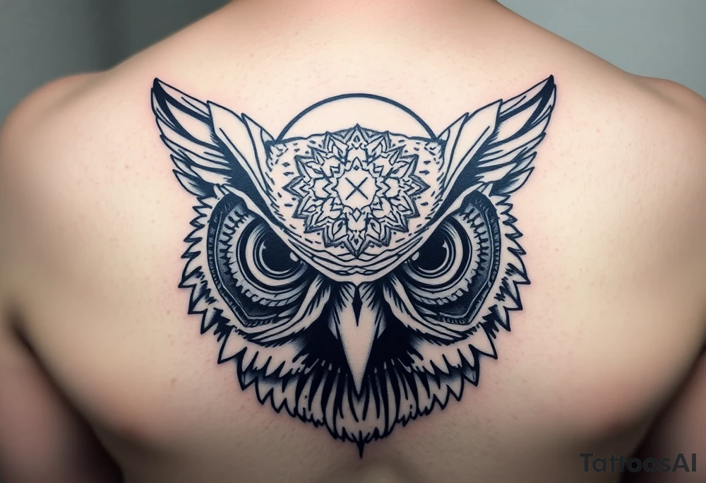 Owl head with large intense tripping on acid colored eyes without pupils, cyber style  and and geometry glowing circle on the forheadl tattoo idea