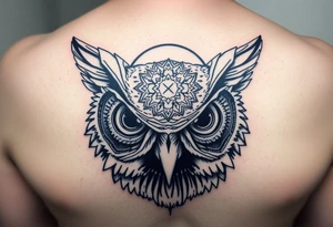 Owl head with large intense tripping on acid colored eyes without pupils, cyber style  and and geometry glowing circle on the forheadl tattoo idea