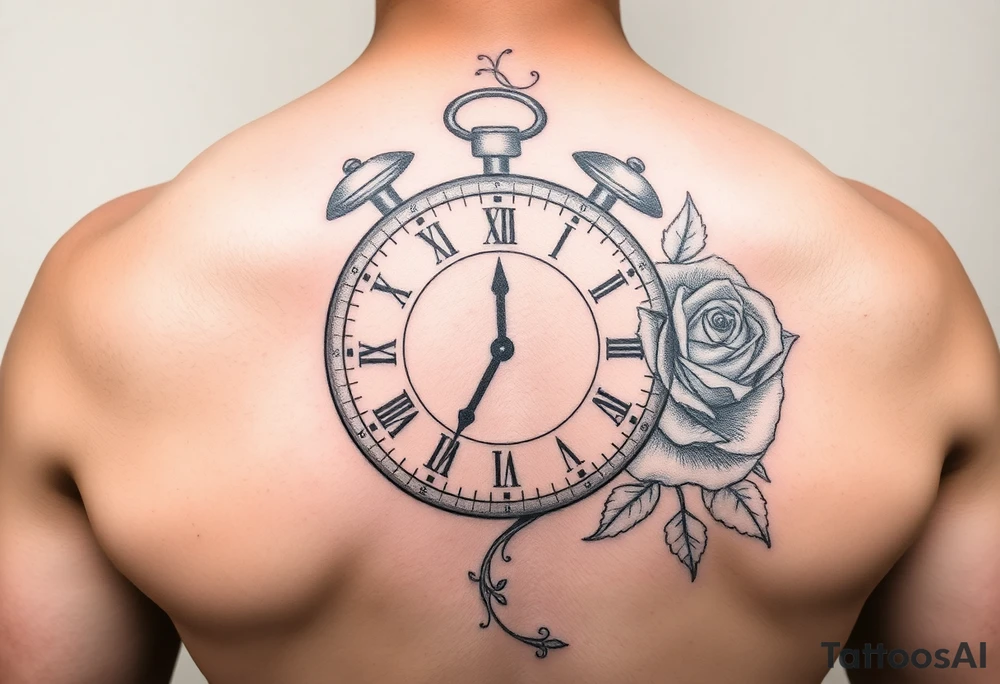 Pencil sketch of clock showing time of 12:56 with rose tattoo idea