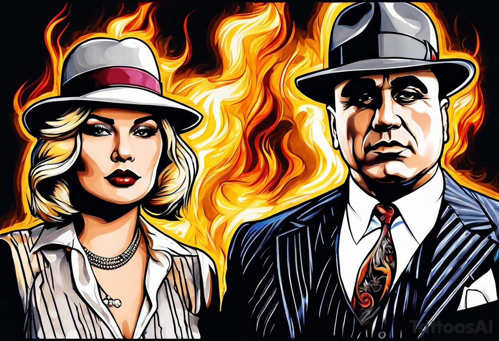 gangsters bonnie & clyde with Al Capone and machine gunns with smoke and fire tattoo idea
