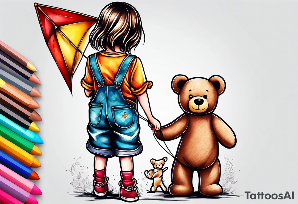 back image of a little girl in a dress, holding a kite , a teddy bear in overalls, standing beside her tattoo idea